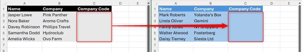 Hai worksheet hiển thị danh sách người và ô nhập mã công ty nơi áp dụng data validation phức tạp