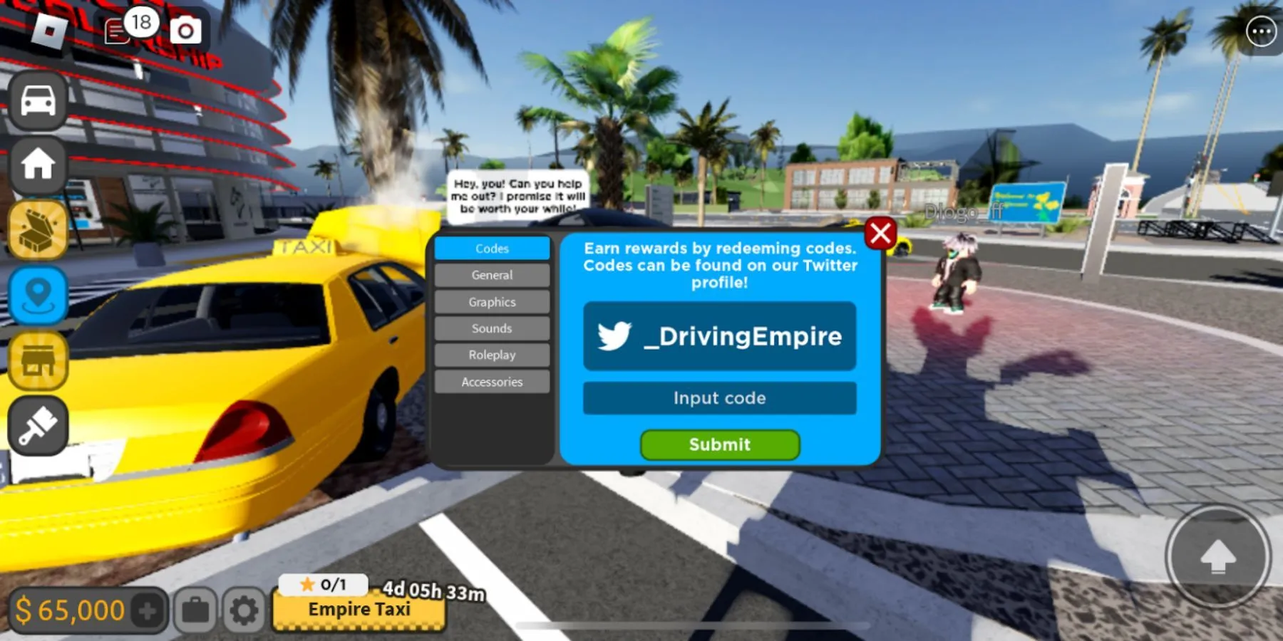 Hộp nhập mã Codes trong Driving Empire trên Roblox: ví dụ vị trí Settings và tab Codes để dán code nhận quà
