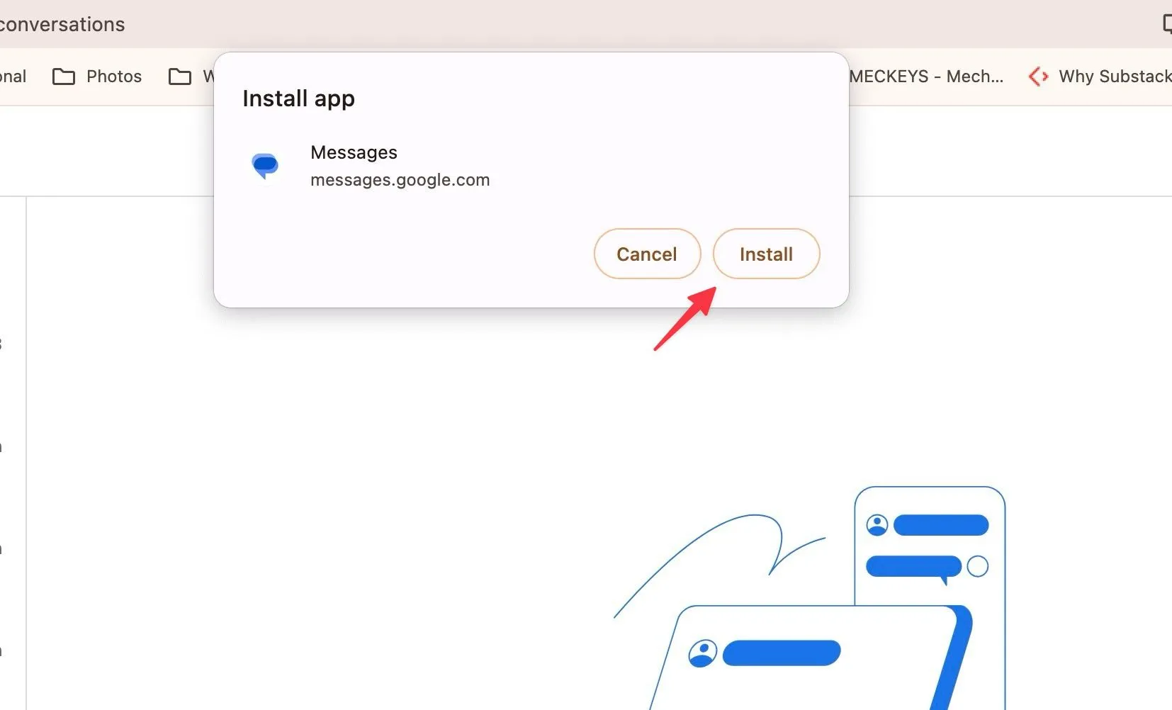 Hộp thoại cài đặt Google Messages web app trong Chrome, mũi tên đỏ chỉ vào nút Install