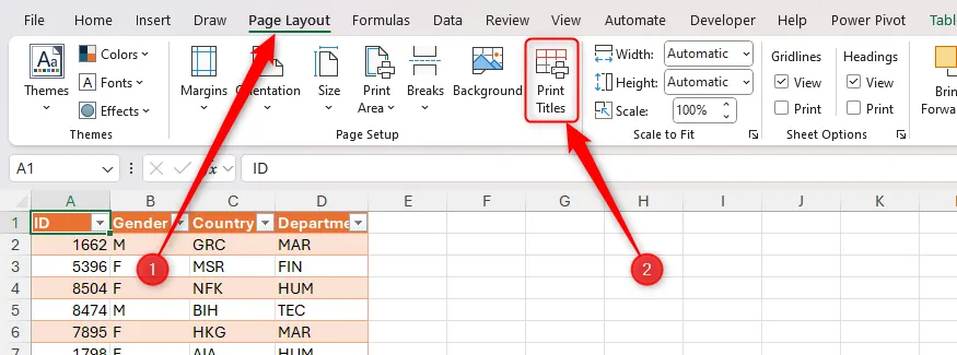 Hộp thoại Page Setup cho phép chọn hàng lặp tiêu đề khi in trong Excel