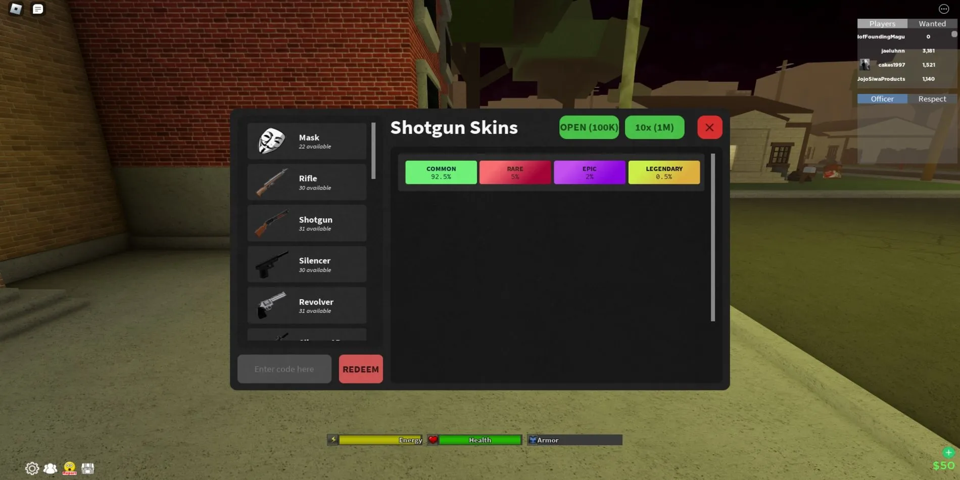 Hướng dẫn nhập mã Da Hood: giao diện hòm kho báu và ô nhập mã