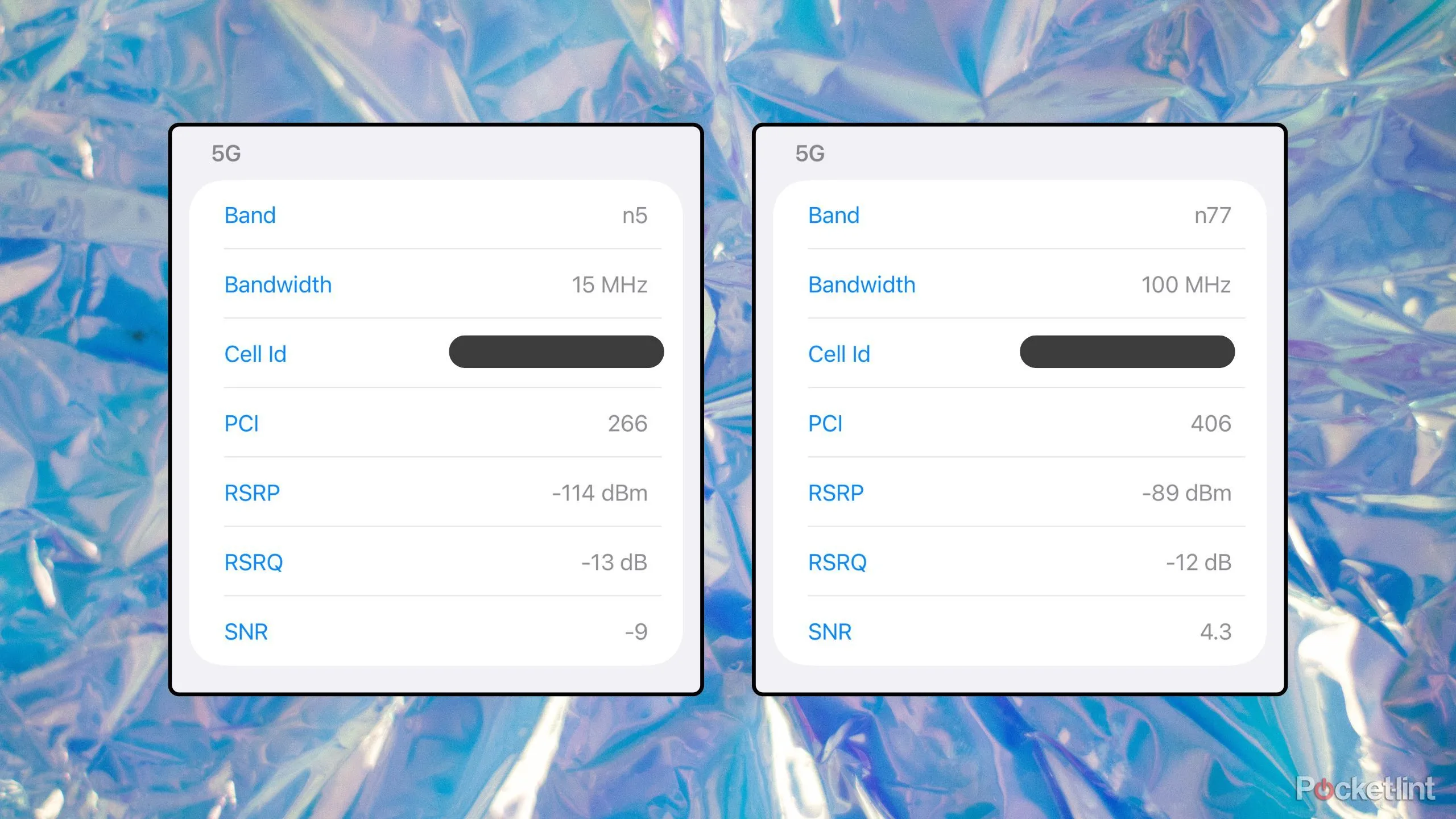 Kết quả hiển thị Field Test: n5 5G 15MHz RSRP -114 dBm chuyển sang n77 5G 100MHz RSRP -89 dBm với bộ khuếch đại giấy bạc