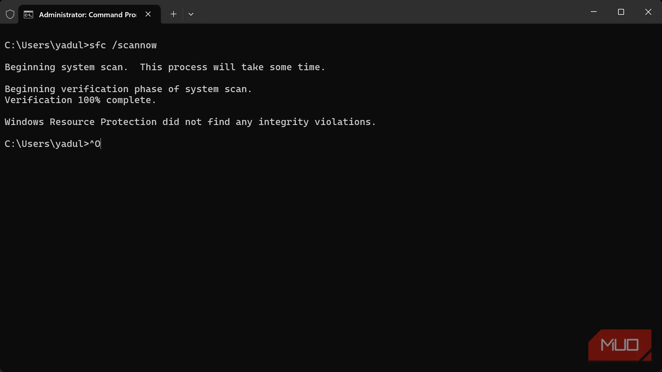 Kết quả SFC scan trong terminal cho thấy không có lỗi file hệ thống sau khi chạy sfc /scannow