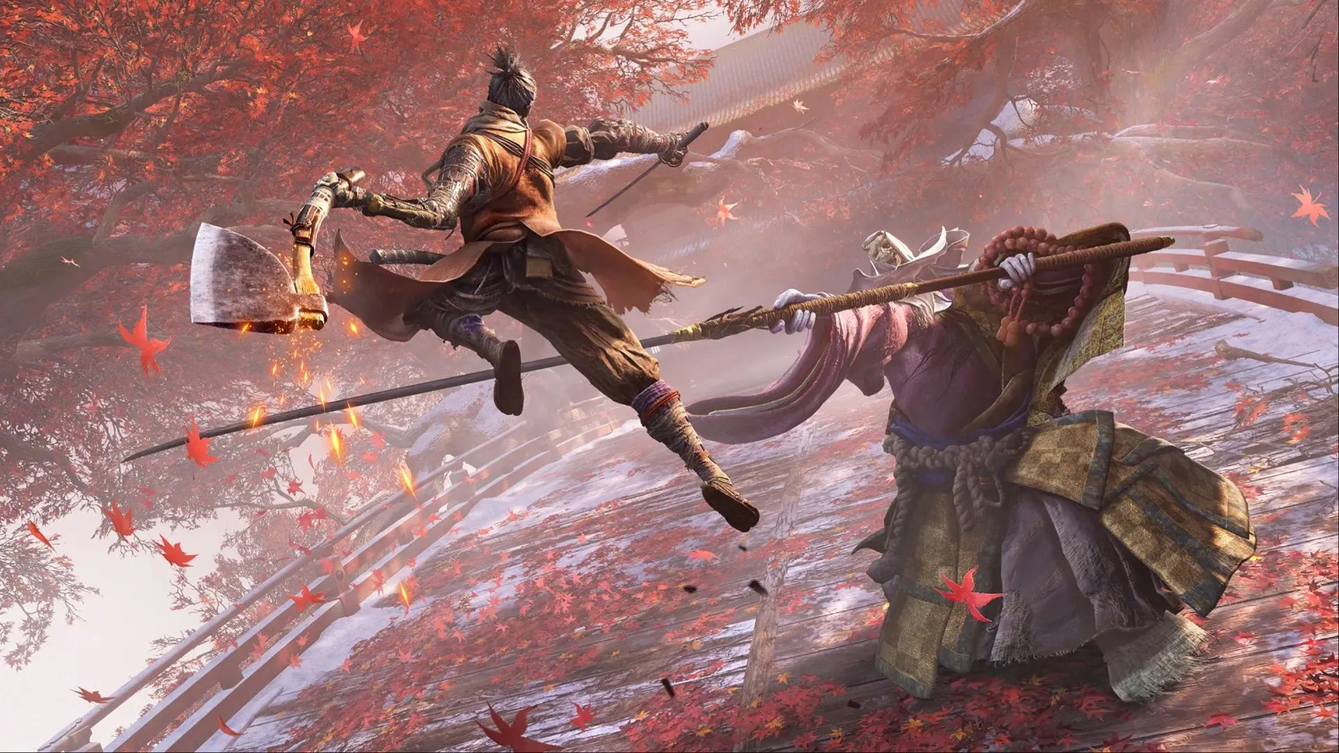 Key art Sekiro tấn công True Corrupted Monk, minh họa tầm quan trọng của parry và timing trong combat