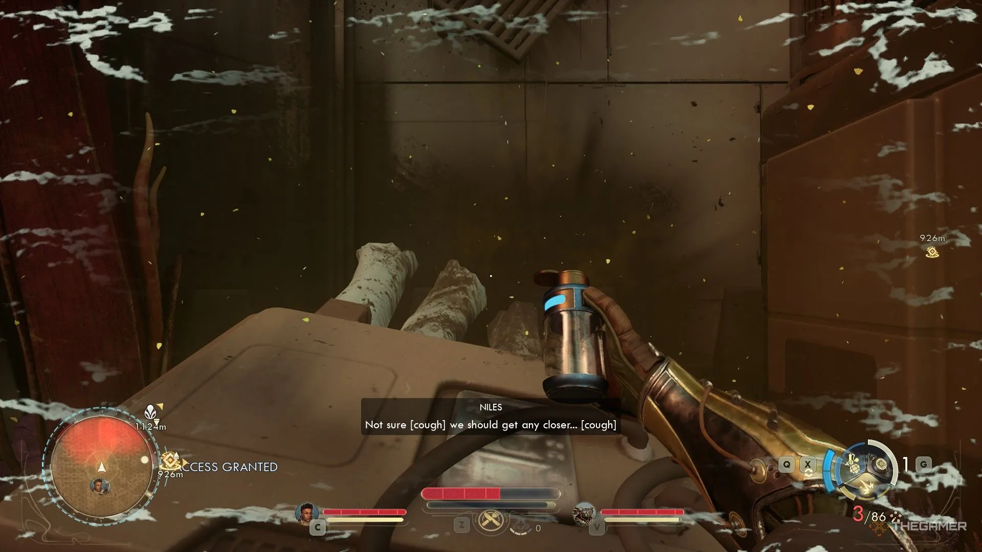 Lấy mẫu khí Zyranium trong The Outer Worlds 2, đồng hành cảnh báo người chơi lùi lại