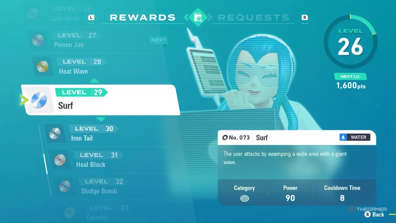 Mable Research reward Level 29: minh họa Surf trong Pokémon Legends: Z-A