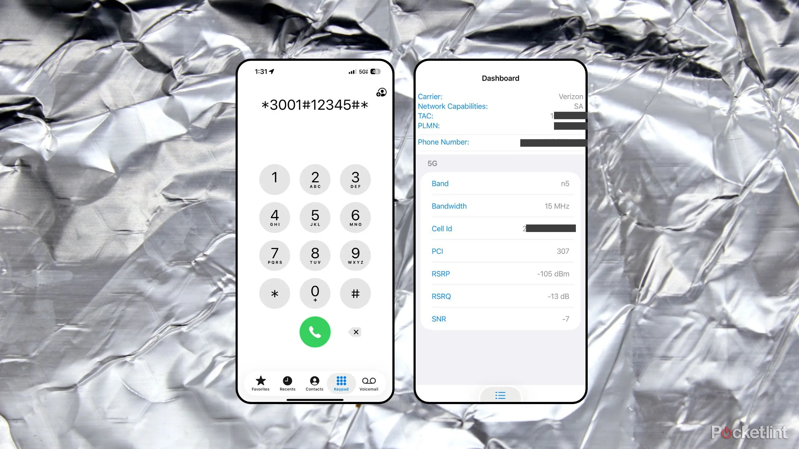 Màn hình Field Test Mode trên iPhone hiển thị RSRP, RSRQ và SINR để đo tín hiệu di động