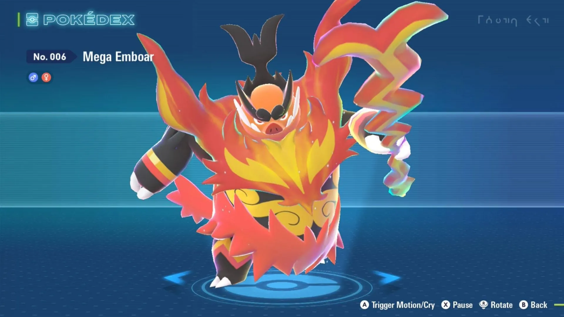 Mega Emboar trong Pokémon Legends Z-A với giáo lửa, thể hiện hệ Fire/Fighting và thay đổi chỉ số