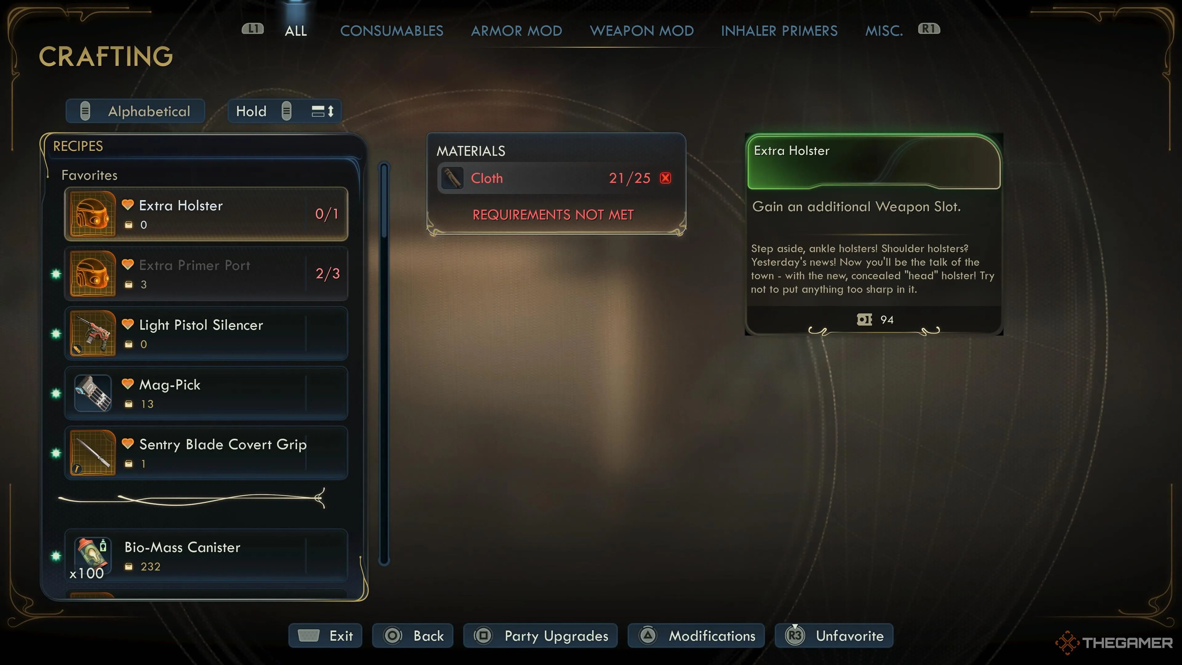 Menu chế tạo hiển thị Sentry Blade Covert Grip và nguyên liệu Ferrochromium trong The Outer Worlds 2, minh họa ứng dụng crafting