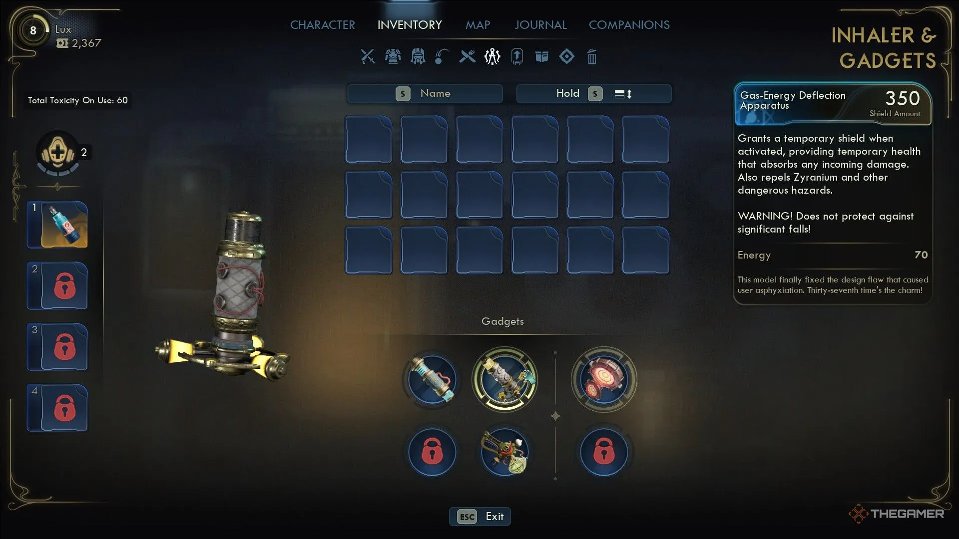 Menu Gadgets trong The Outer Worlds 2 hiển thị các Gadget và lựa chọn trang bị