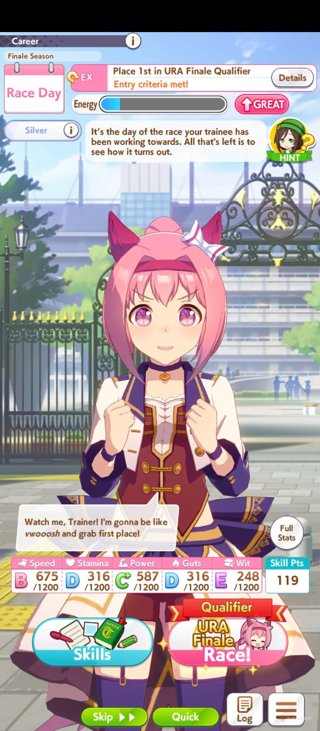 Menu huấn luyện Haru Urara trong Umamusume: màn hình hiển thị các chỉ số training.