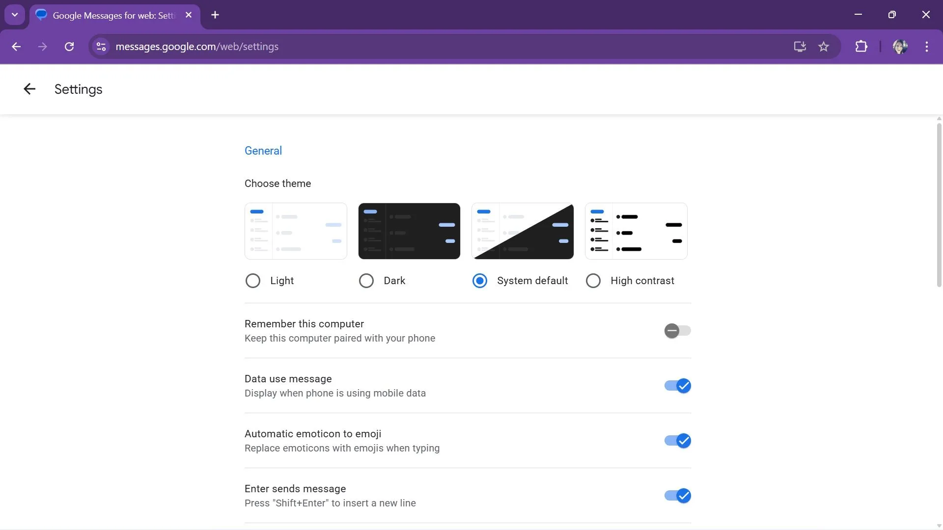 Menu Settings trong Google Messages web hiện các tùy chọn theme như Light, Dark, System Default và High contrast