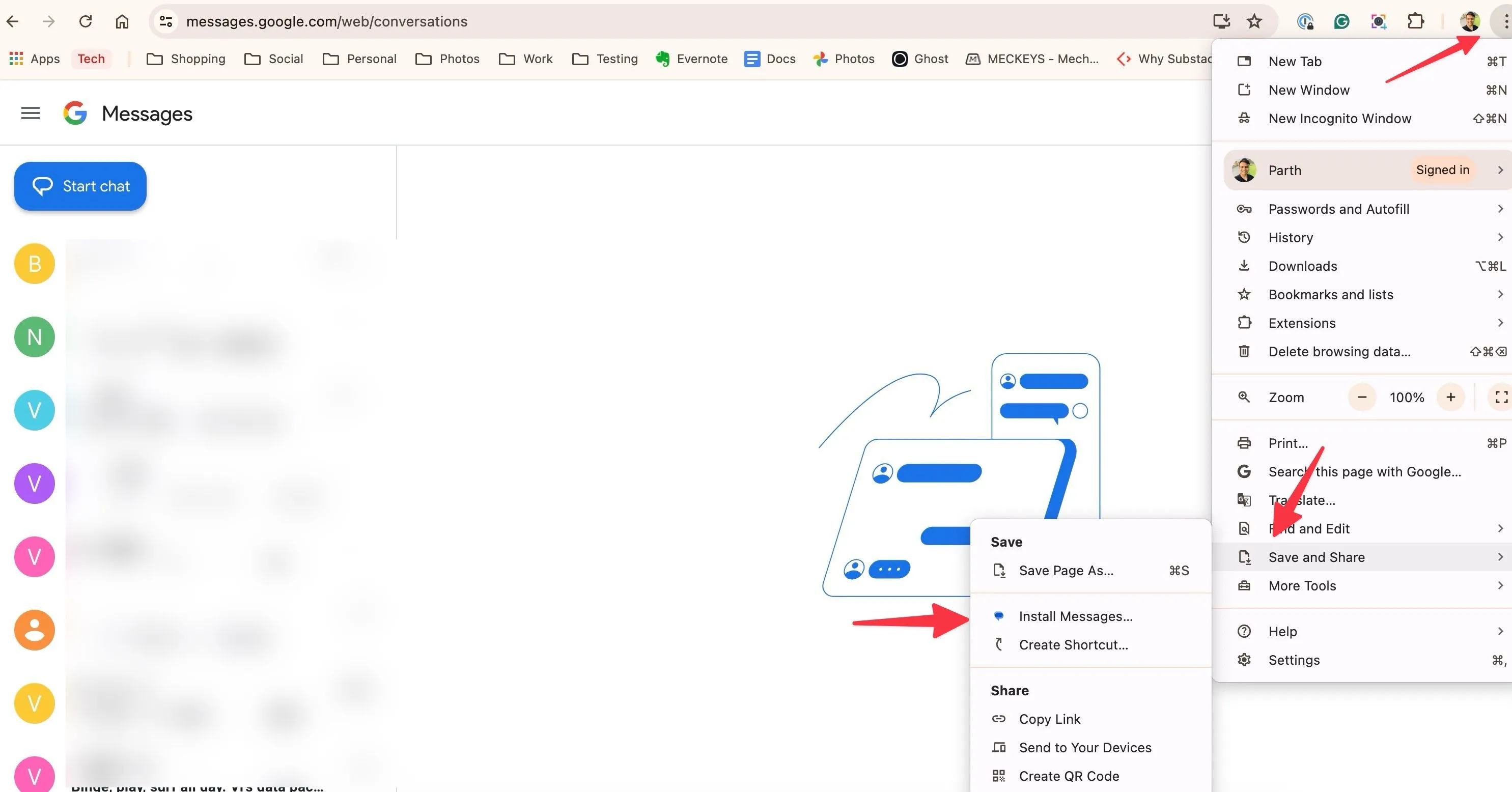 Menu trình duyệt Chrome khi cài Google Messages làm ứng dụng web, mũi tên chỉ vào Install Messages