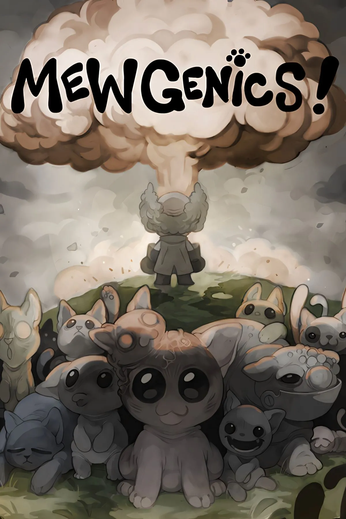 Mewgenics — artwork minh họa phong cách nghệ thuật đặc trưng, mô tả mèo chiến đấu trên lưới ô vuông và hệ thống kỹ năng đặc thù