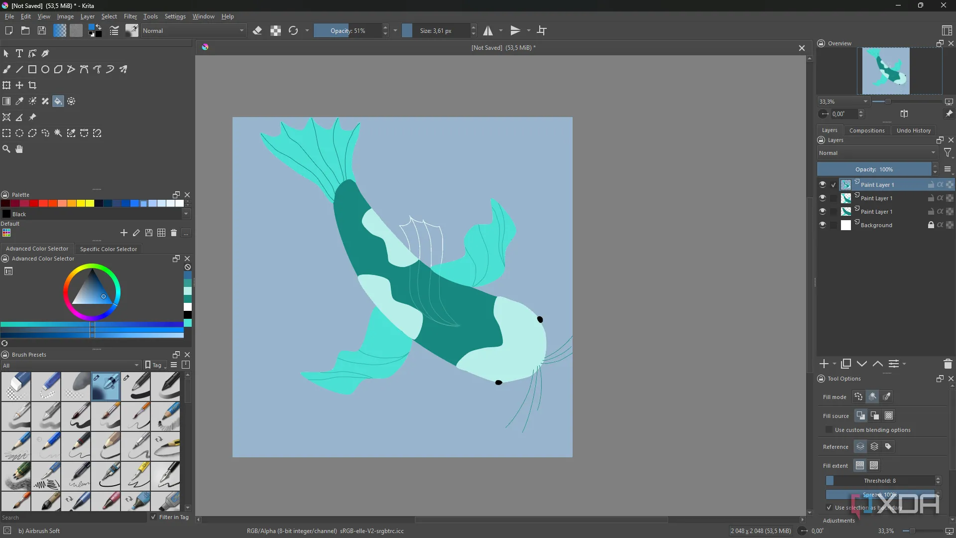 Minh họa con cá vẽ bằng Krita thể hiện brush và layer