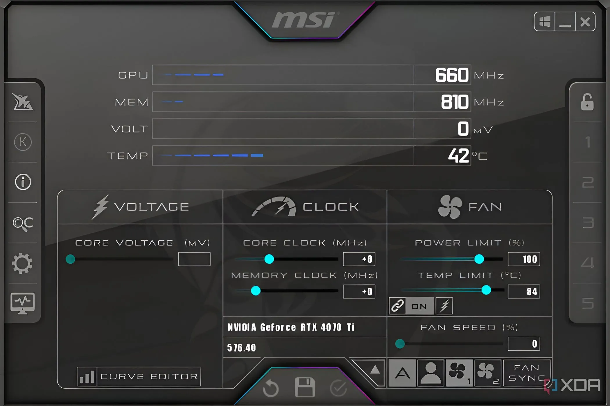 MSI Afterburner hiển thị nhiệt độ và điện áp GPU trên Windows 11, minh họa ảnh hưởng của nhiệt và voltage lên xung nhịp boost