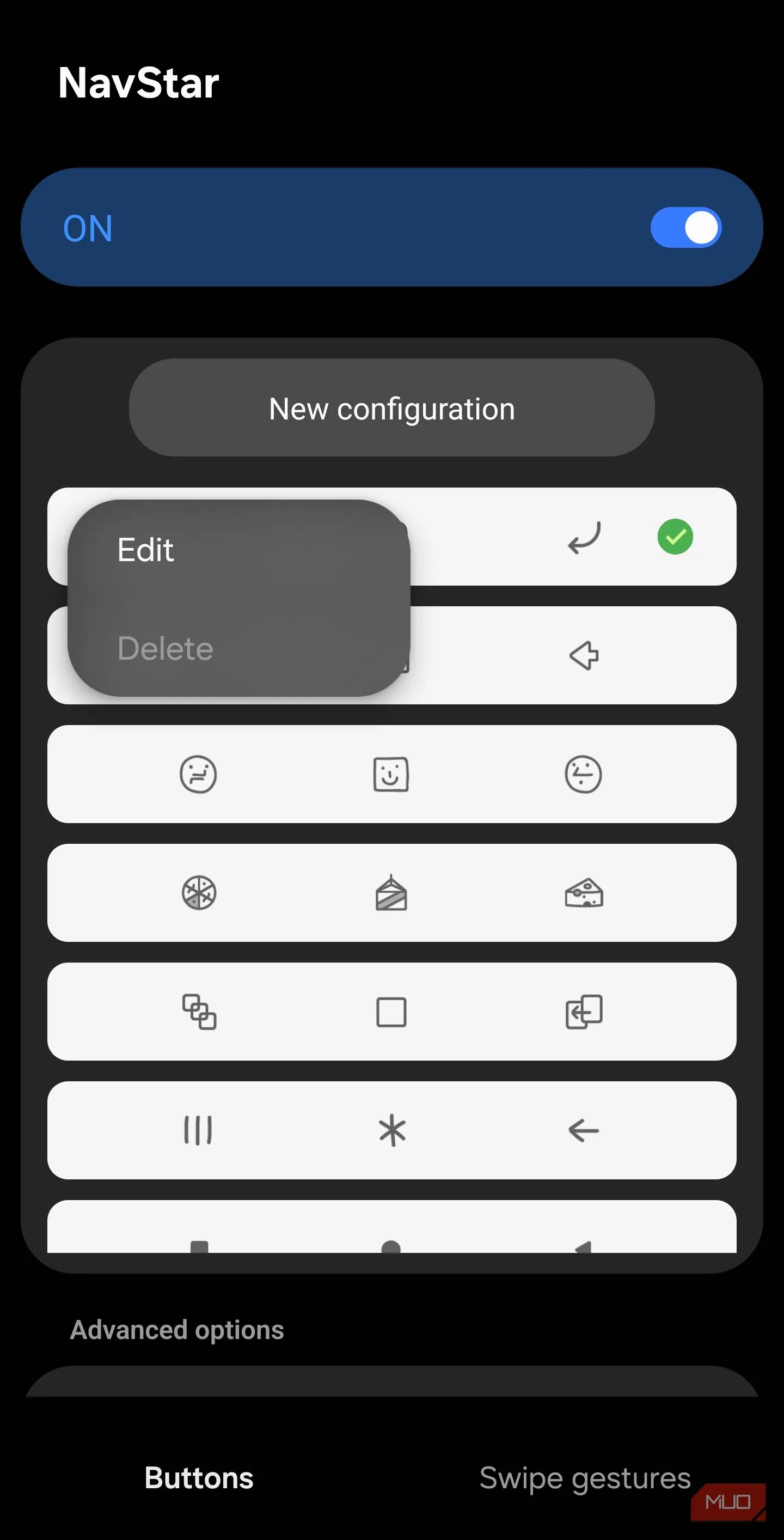 NavStar menu chỉnh sửa thanh điều hướng mở để thêm nút chụp màn hình
