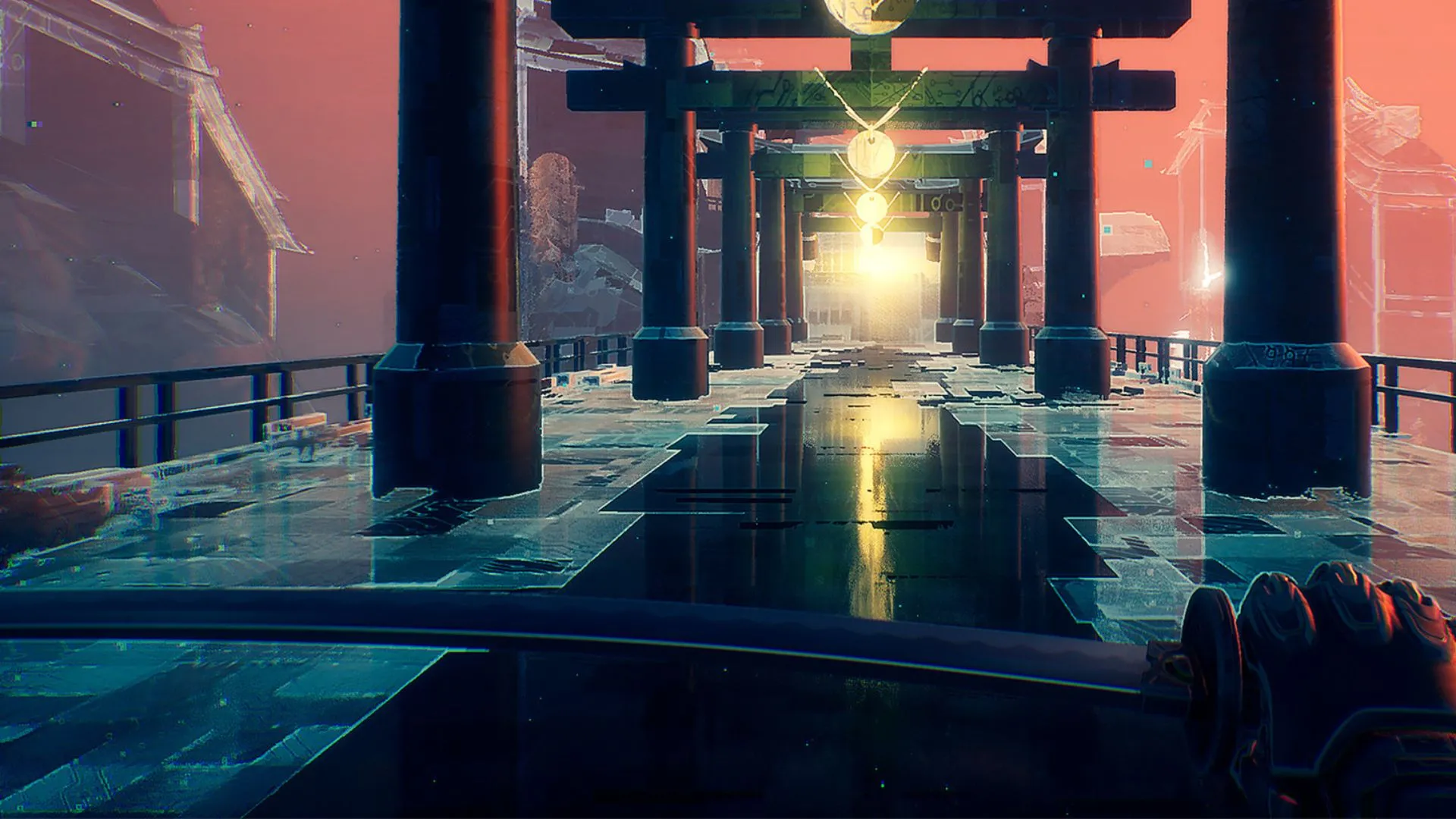 Nhân vật cầm kiếm nhìn về phía xa trong Ghostrunner, thể hiện yếu tố parkour, timing và một-hit-kill tạo nhịp chơi cao độ