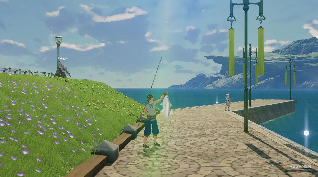 Nhân vật đứng trên bến câu ở Asterleads, vị trí thích hợp để câu và nộp rác đại dương