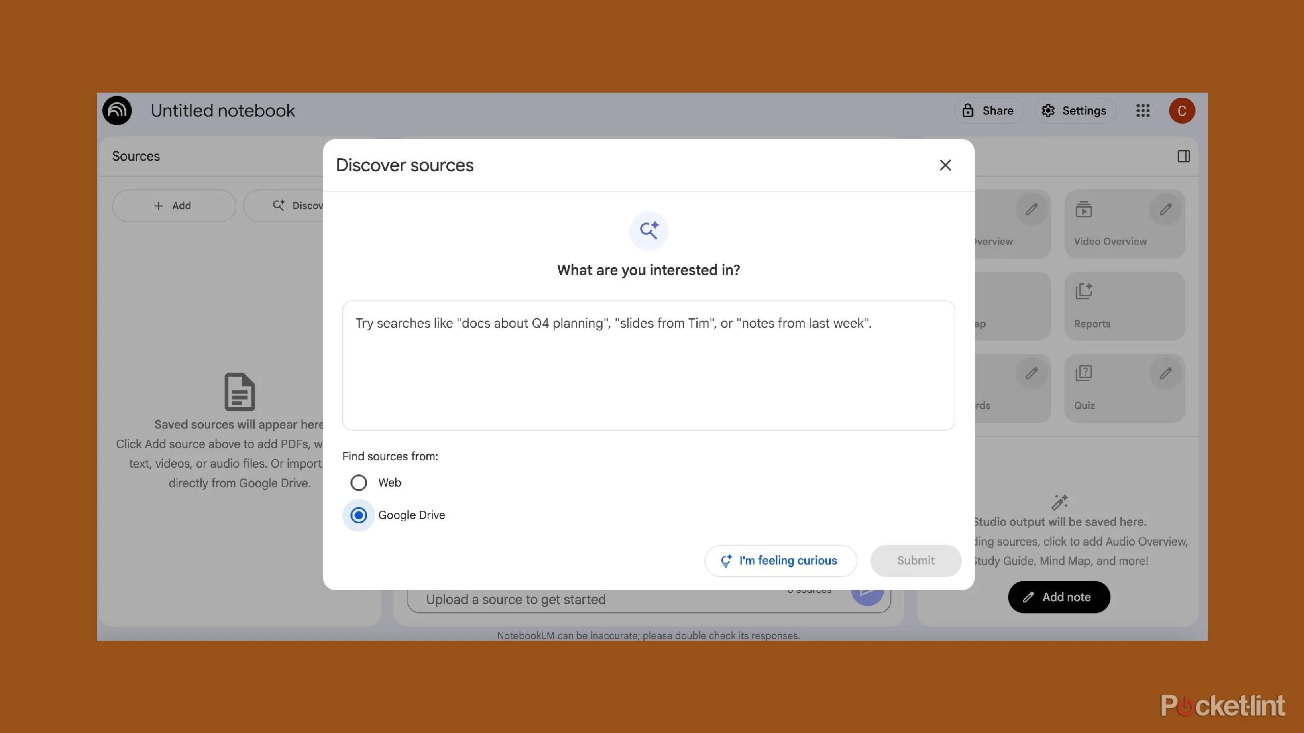 NotebookLM chọn Google Drive làm nguồn và hiển thị tùy chọn tìm kiếm nội dung file