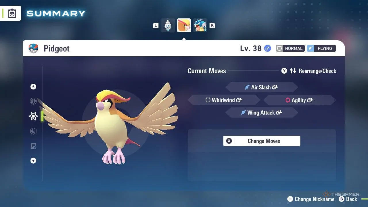Pidgeot trong menu của Pokémon Legends: Z‑A