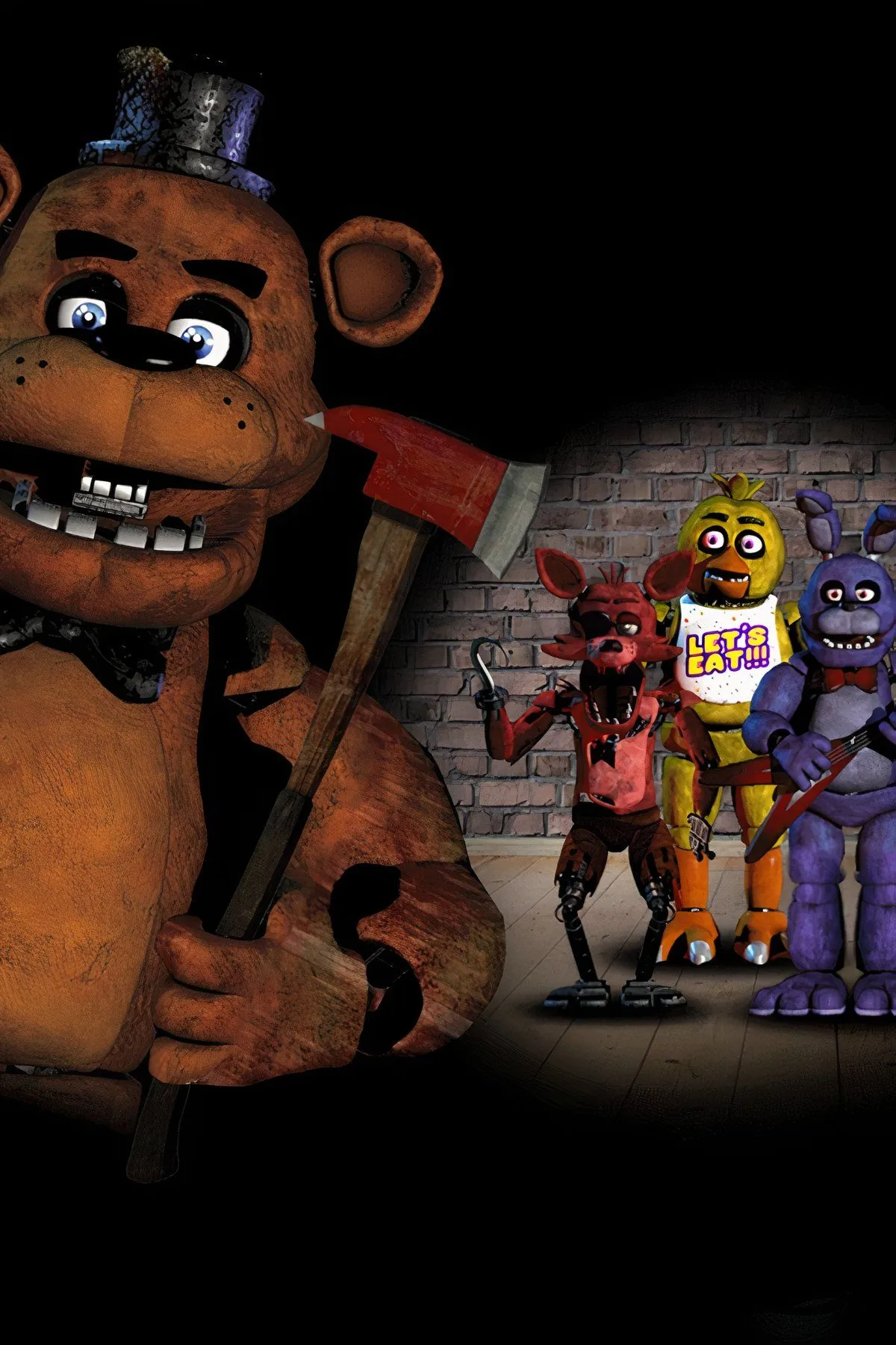 Poster Five Nights at Freddy's minh họa animatronics và camera bảo vệ, core mechanic của game khiến jump scare liên tục