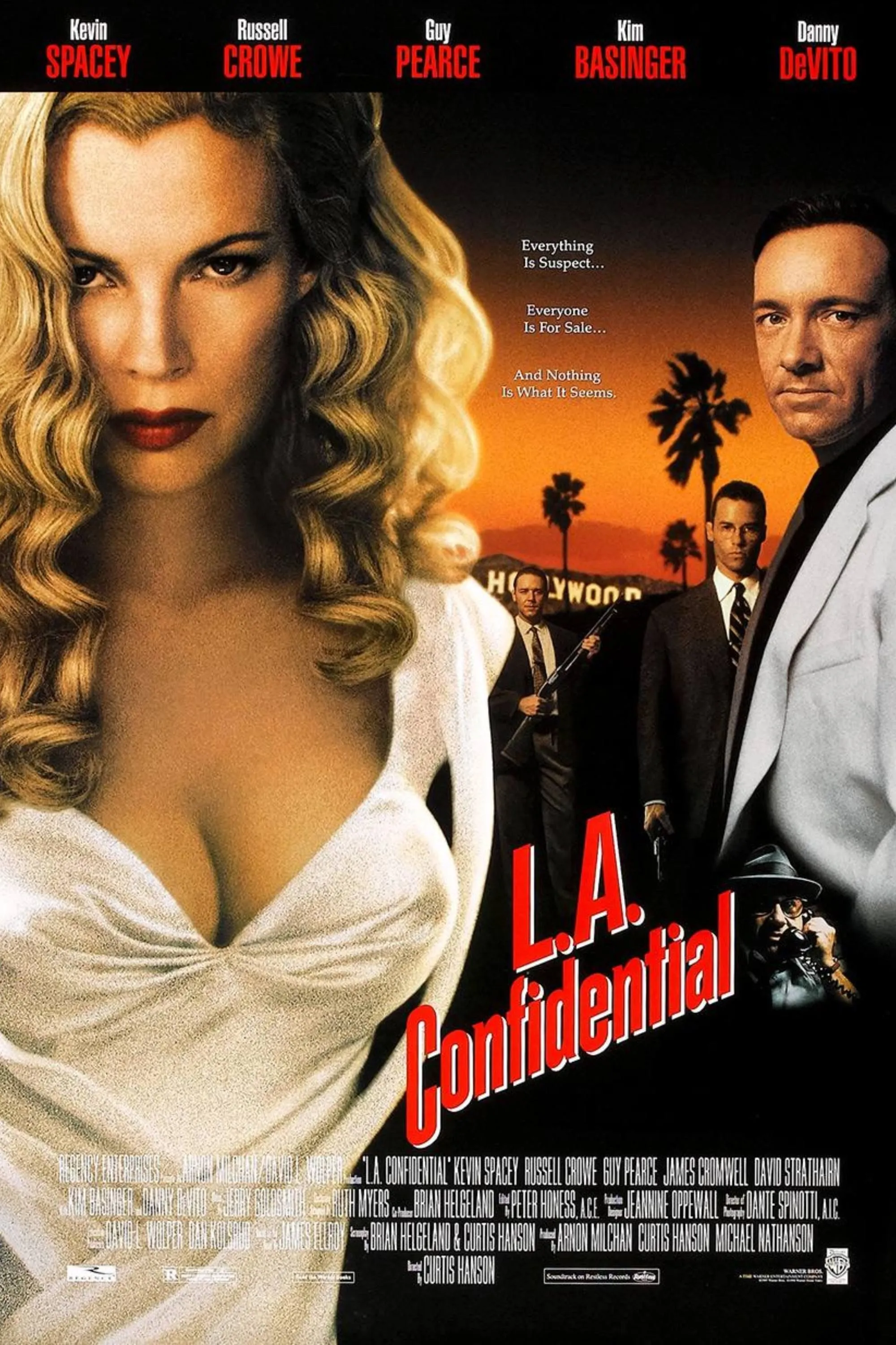 Poster L.A. Confidential (1997) phong cách neo-noir: dàn diễn viên chính trên nền Los Angeles những năm 1950, ám ảnh tội phạm và tham nhũng
