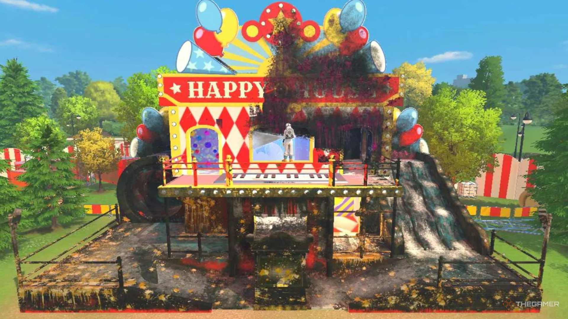 Powerwasher đứng trên ban công của Fun House trong PowerWash Simulator 2, nhìn cấu trúc và các khe hẹp