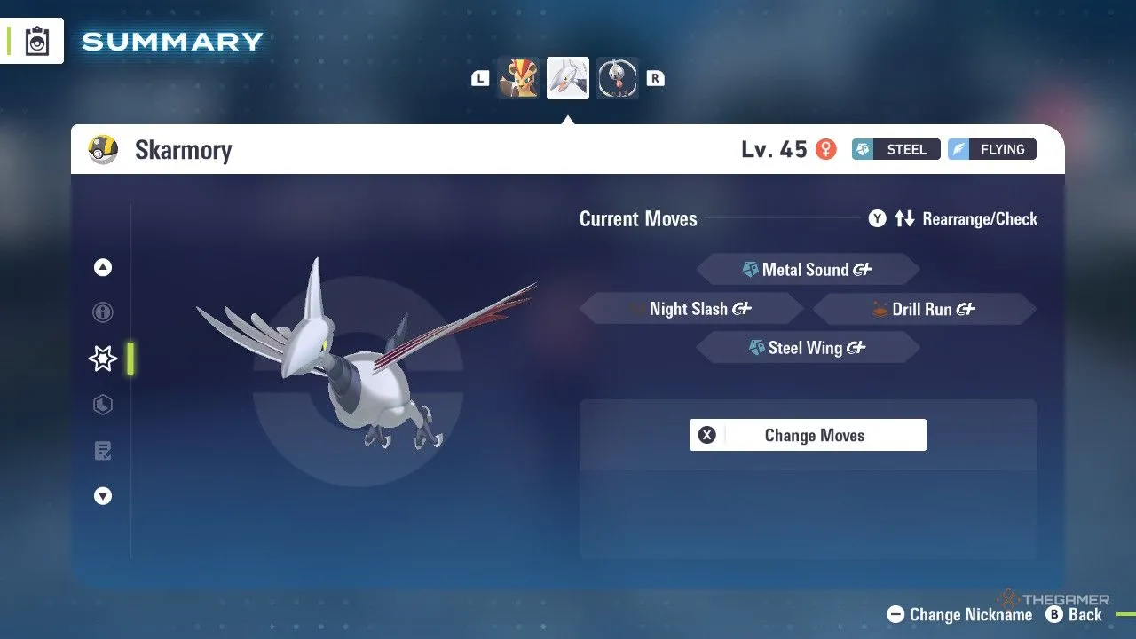 Skarmory trong menu của Pokémon Legends: Z‑A