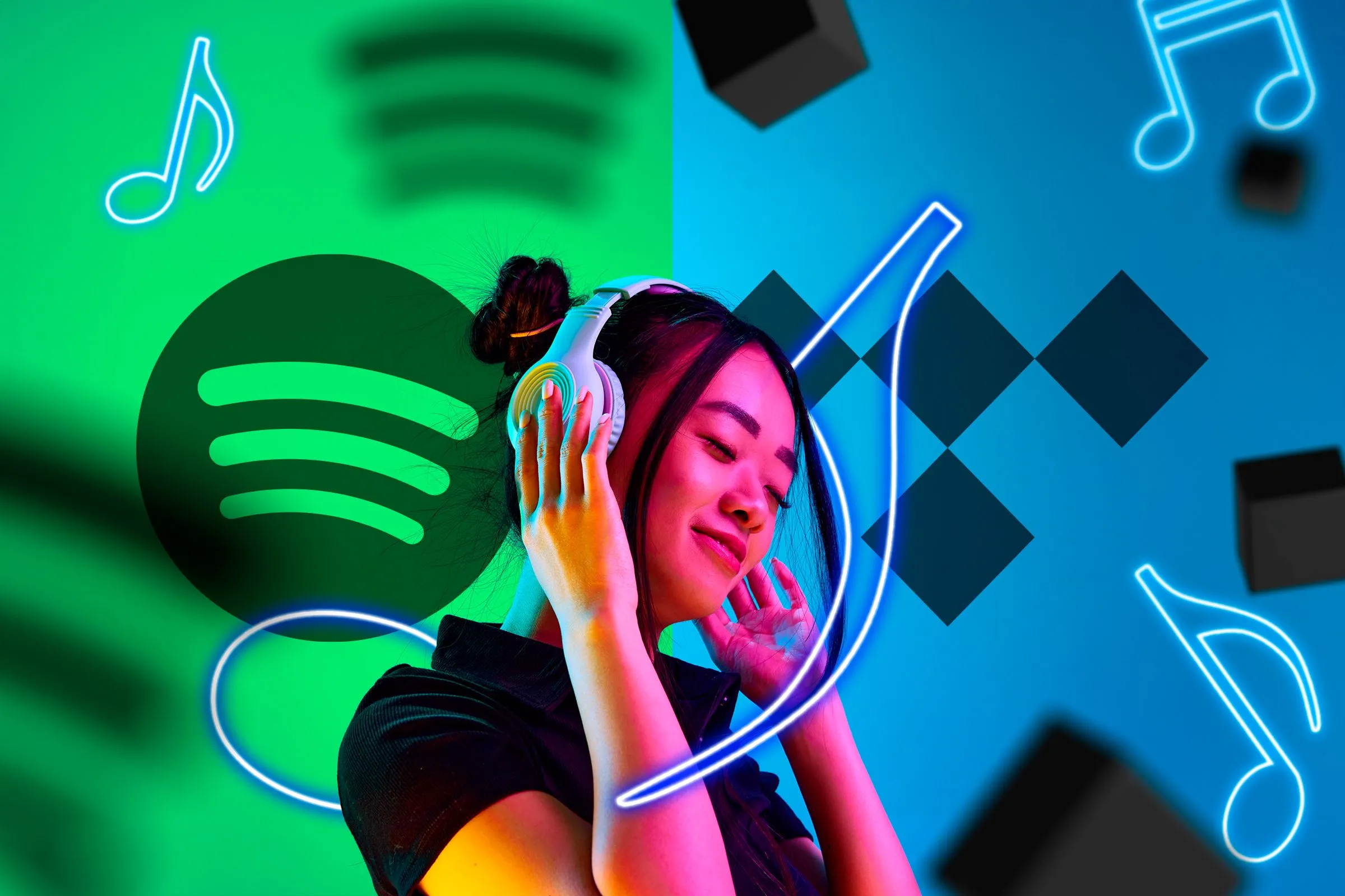 So sánh người dùng nghe nhạc bằng tai nghe giữa Spotify và Tidal, minh họa biểu tượng hai nền tảng và chủ đề chất lượng âm thanh