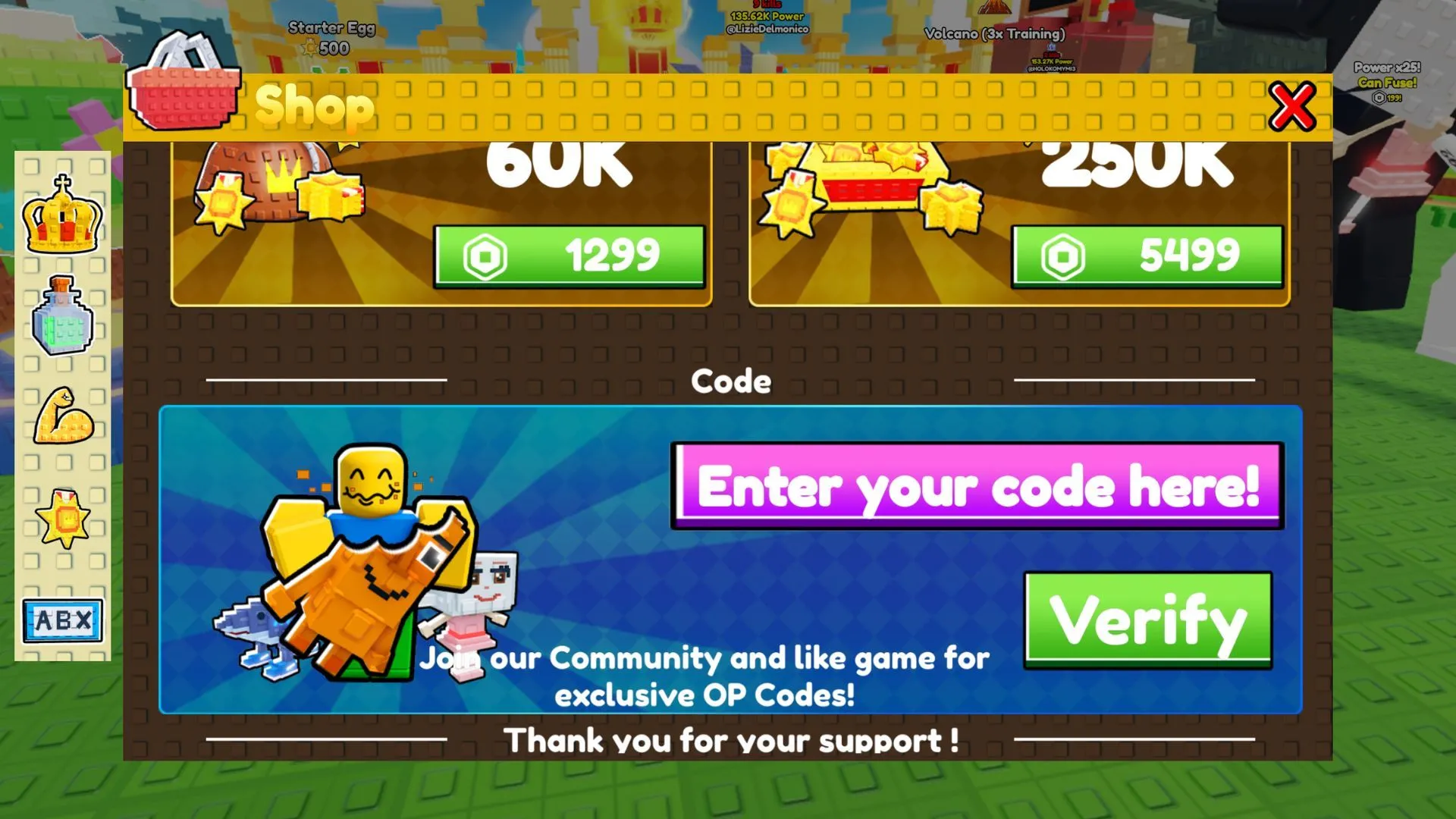 Tab nhập mã trong Eat Brainrot for Fight, vị trí trong giao diện shop của trò chơi Roblox