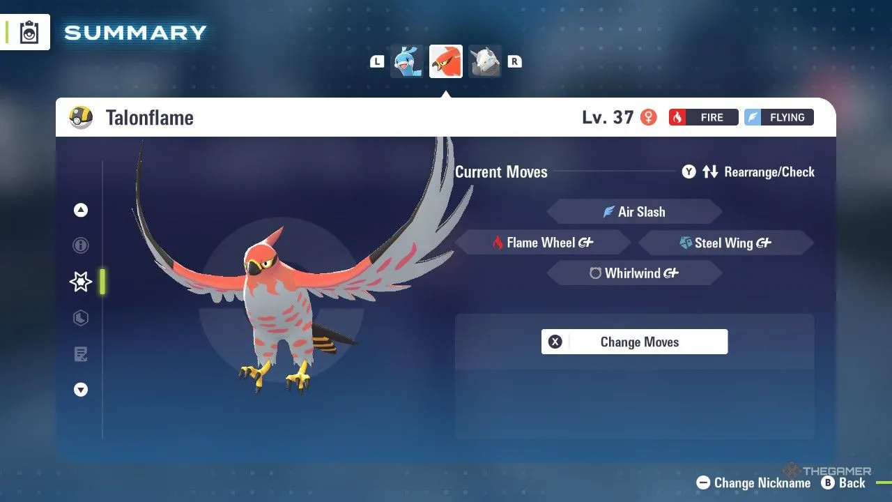 Talonflame trong menu Pokémon Legends Z-A, phù hợp ý tưởng Mega tiến hóa dạng chim lửa của Kalos