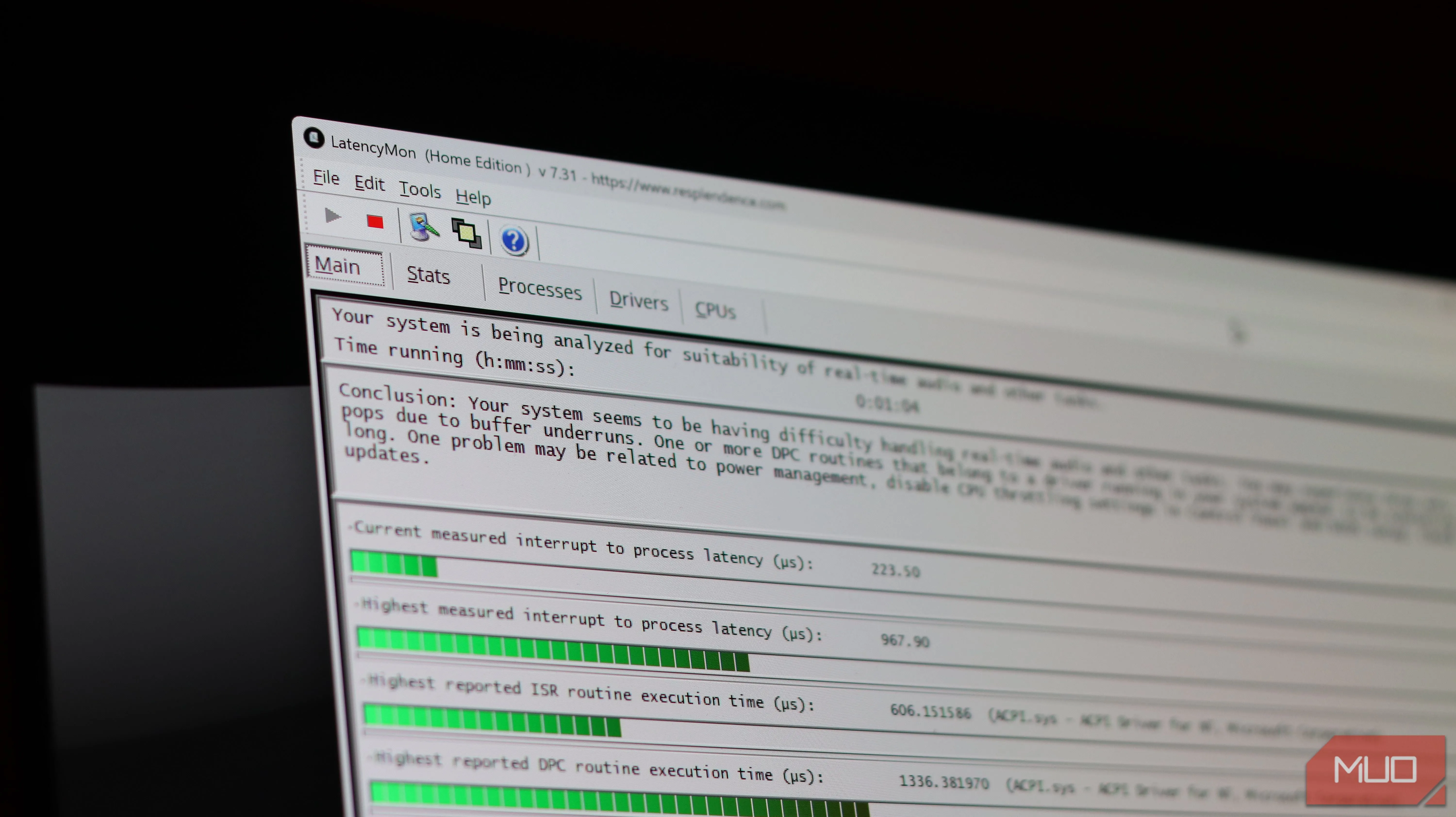 Thông báo kết luận của LatencyMon sau khi quét hệ thống, cho biết DPC/ISR và driver liên quan.