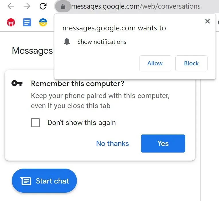 Thông báo yêu cầu ghi nhớ máy tính và bật thông báo trên Google Messages web