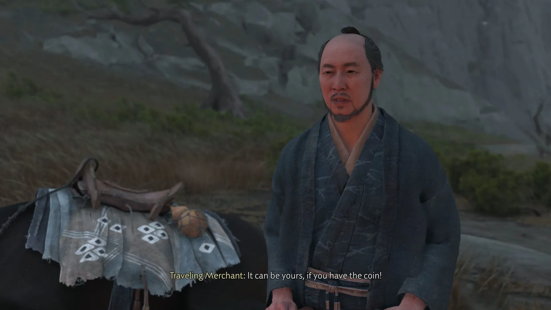 Thương nhân du hành xuất hiện tại lửa trại — nơi mua Kanemori's Two‑Faced Mask với giá 1,000 mon