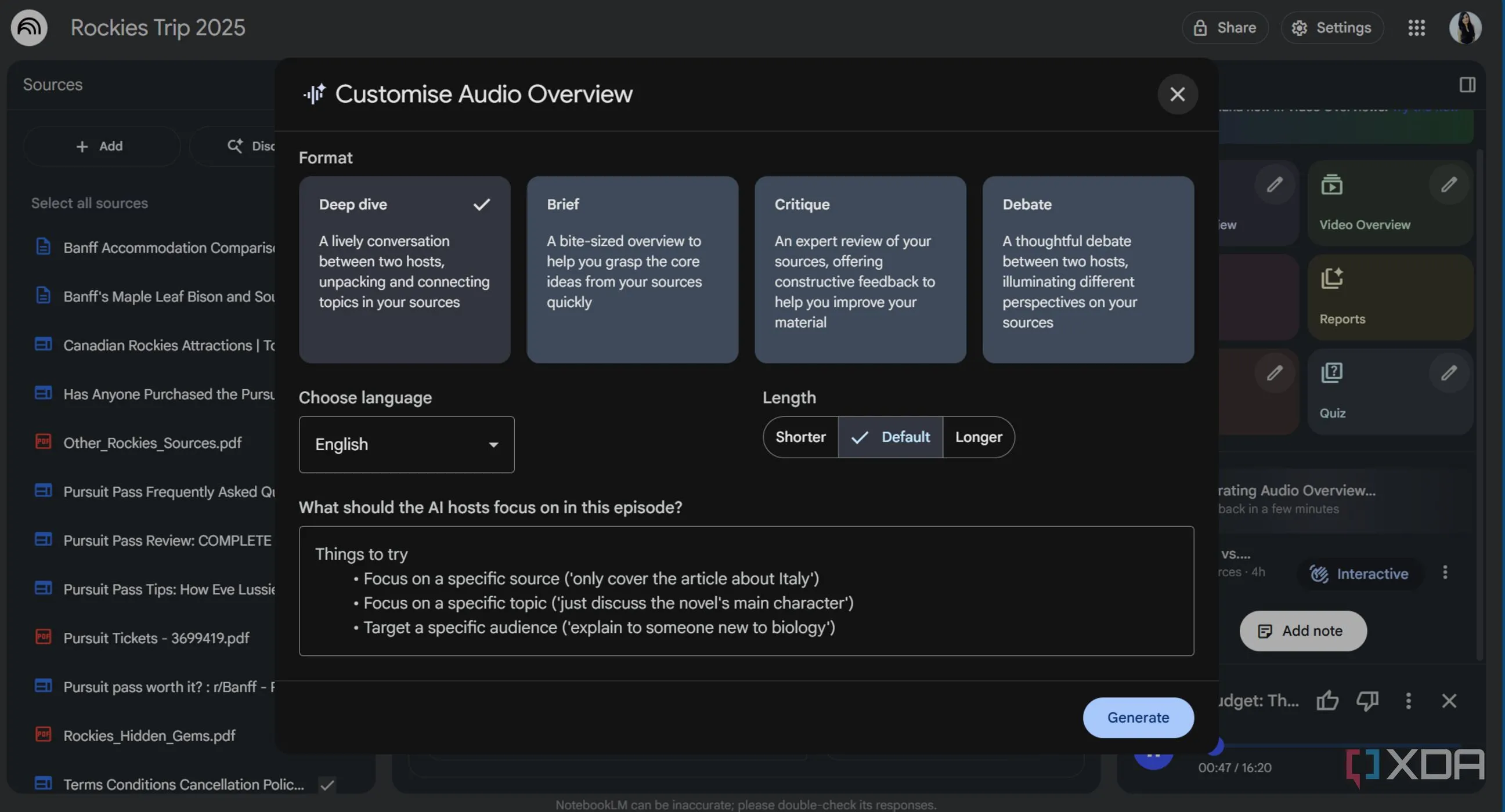 Tính năng tổng quan âm thanh (audio overview) trong NotebookLM giúp tóm tắt nghiên cứu du lịch