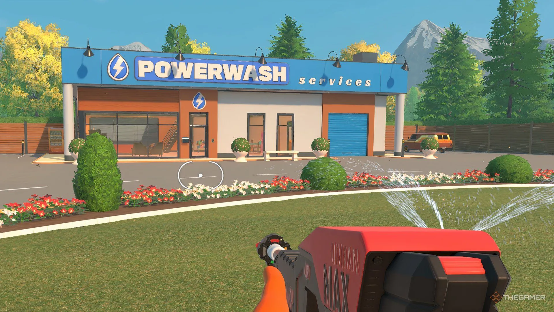 Trạm căn cứ với van tuỳ biến đặt ngoài, minh họa các tuỳ chọn trang trí trong PowerWash Simulator 2.