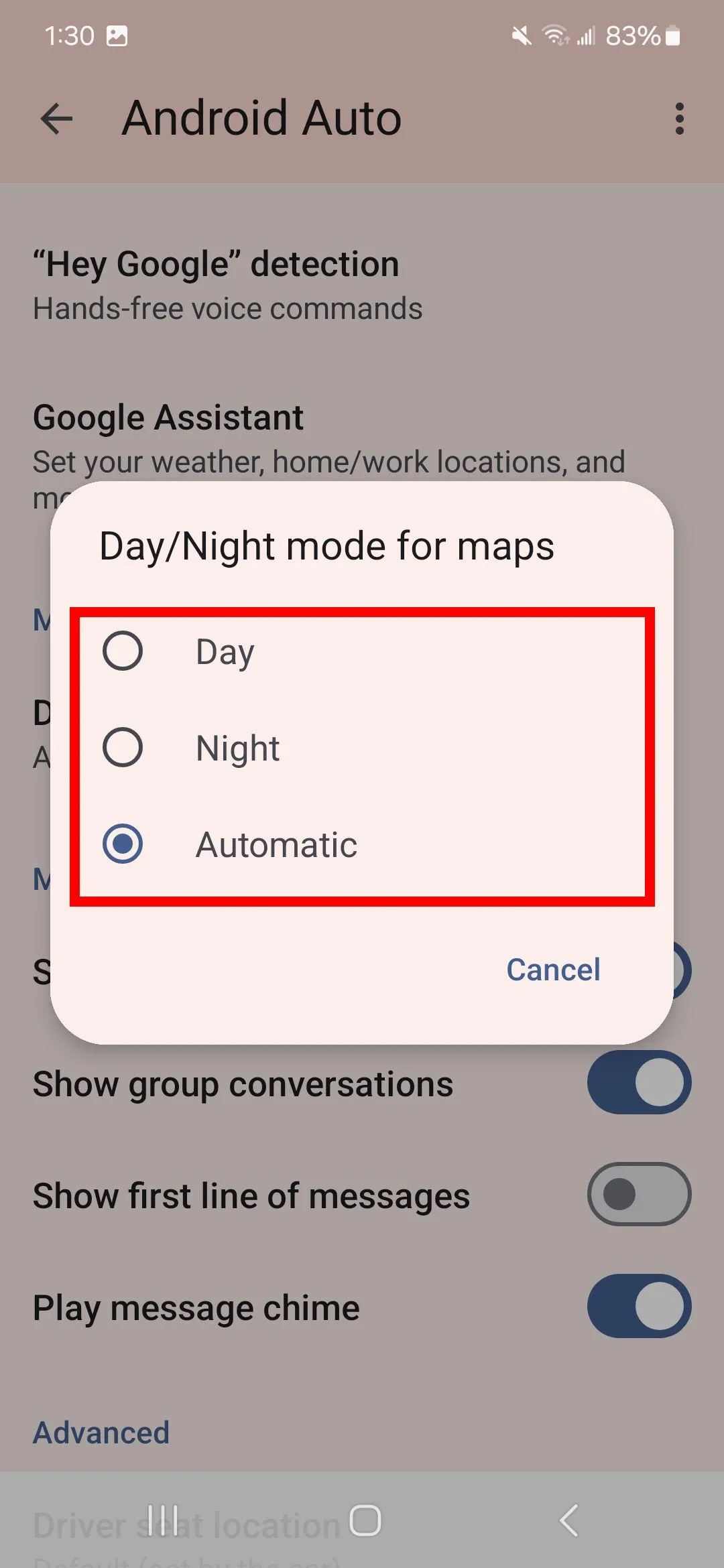 Tùy chọn Day/Night mode trong Android Auto trên điện thoại