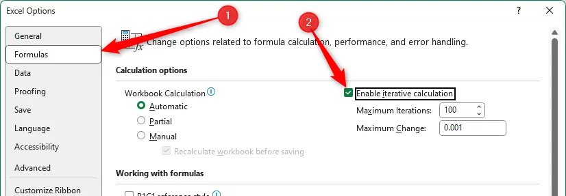 Tùy chọn Enable Iterative Calculations được bật trong Excel Options để cho phép công thức vòng lặp tạo timestamp