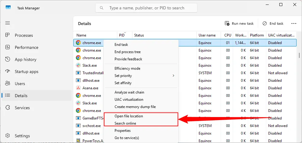 Tùy chọn Search online hoặc Open file location giúp xác định nguồn gốc tiến trình giữ cổng.