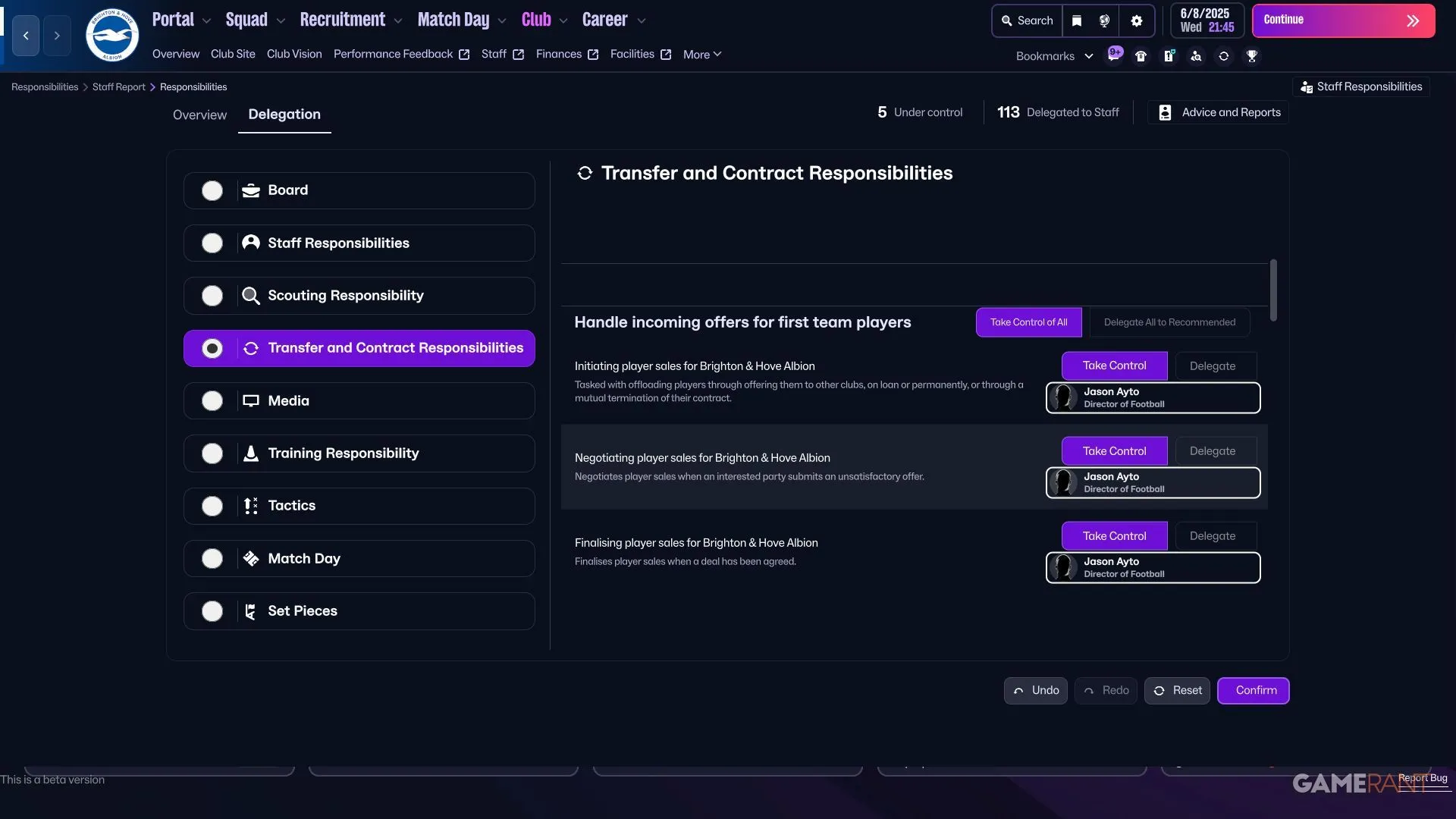 Ví dụ phân quyền mục Transfers trong Football Manager 26, phù hợp với các cấu trúc nhân sự khác nhau