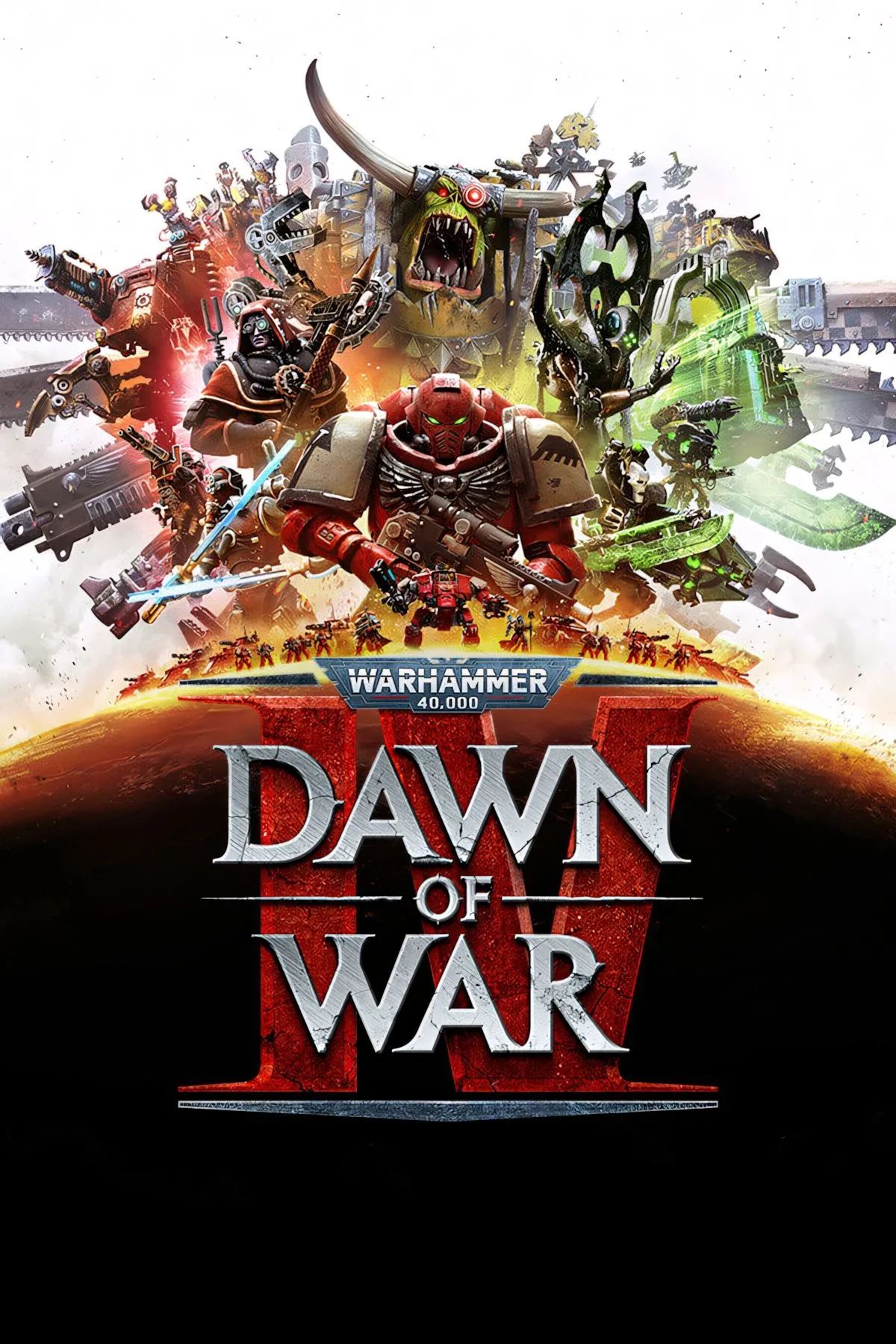 Warhammer 40,000: Dawn of War IV — minh họa chiến trường RTS với đơn vị đi bộ và xe cơ giới trong phong cách grimdark